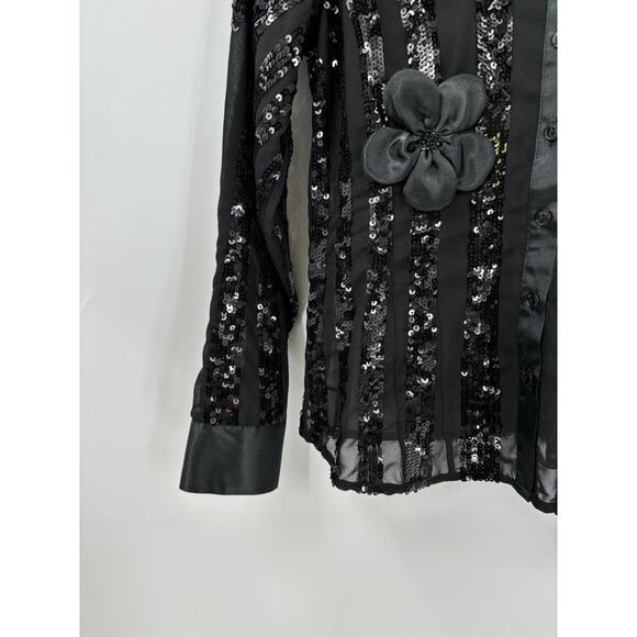 Samuel Dong Blouse Set Womens Small Black Sequins Floral Sheer 2 Piece Buttons - Picture 2 of 16